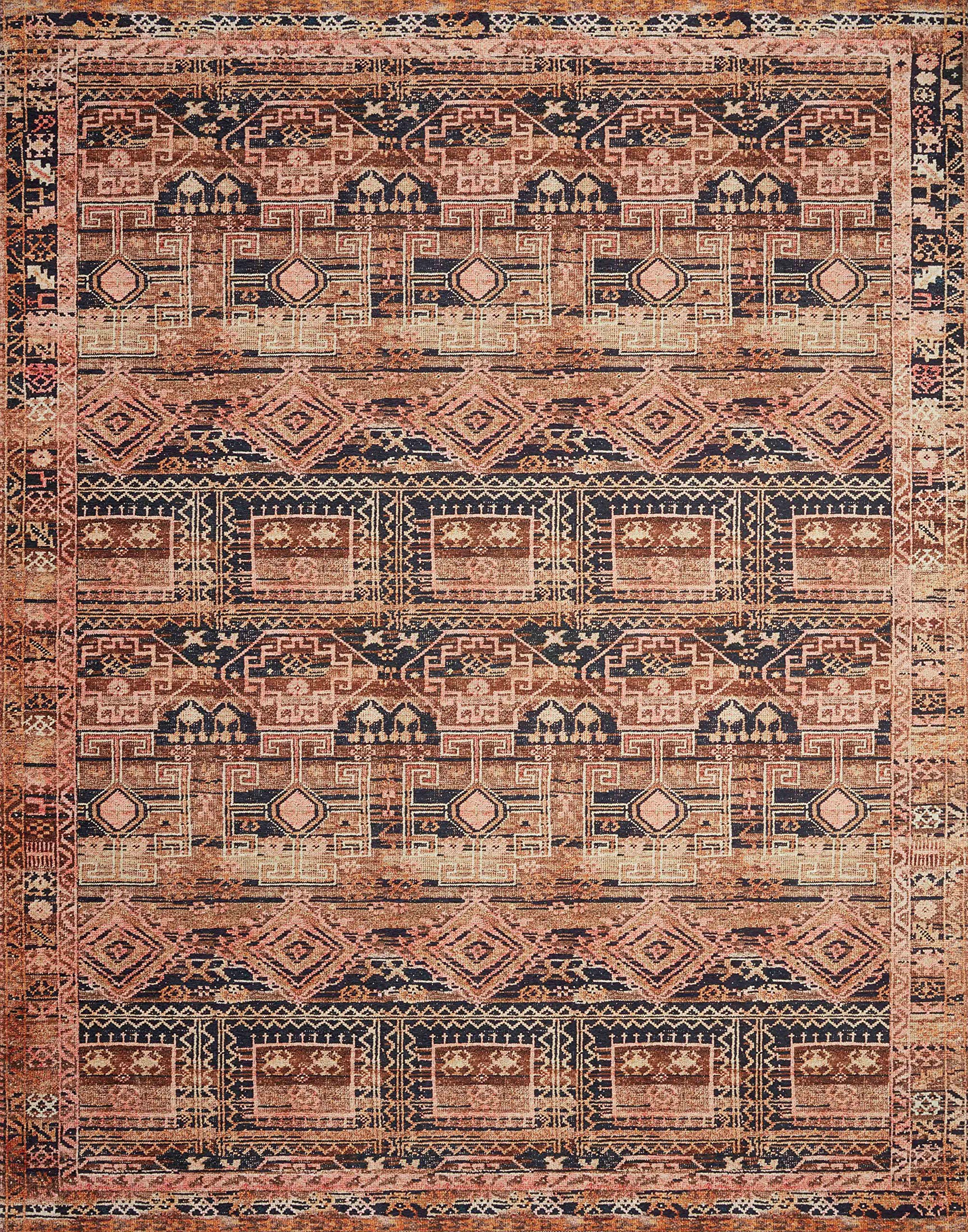Loloi Layla Collection LAY-07 Blue/Tangerine 2'-3" x 3'-9" .13" Thick Accent Rug, Soft, Durable, Vintage Inspired, Distressed, Low Pile, Non-Shedding, Easy Clean, Printed, Living Room Rug