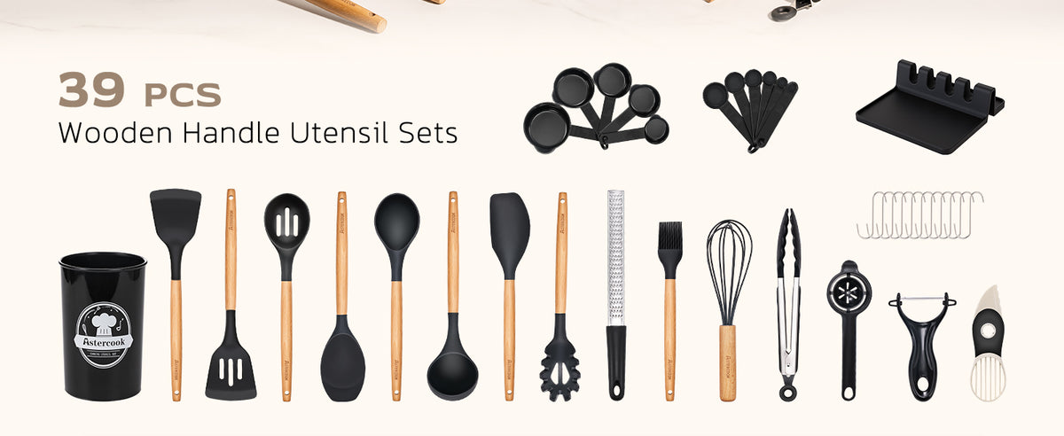 Astercook 39 PCS Kitchen Utensils Set, Silicone Cooking Utensil Sets with Wooden Handle, 446°F Heat Resistant Food Grade Spatula Set, BPA Free Kitchen Gadgets Tools Set & Spoons for Nonstick Cookware