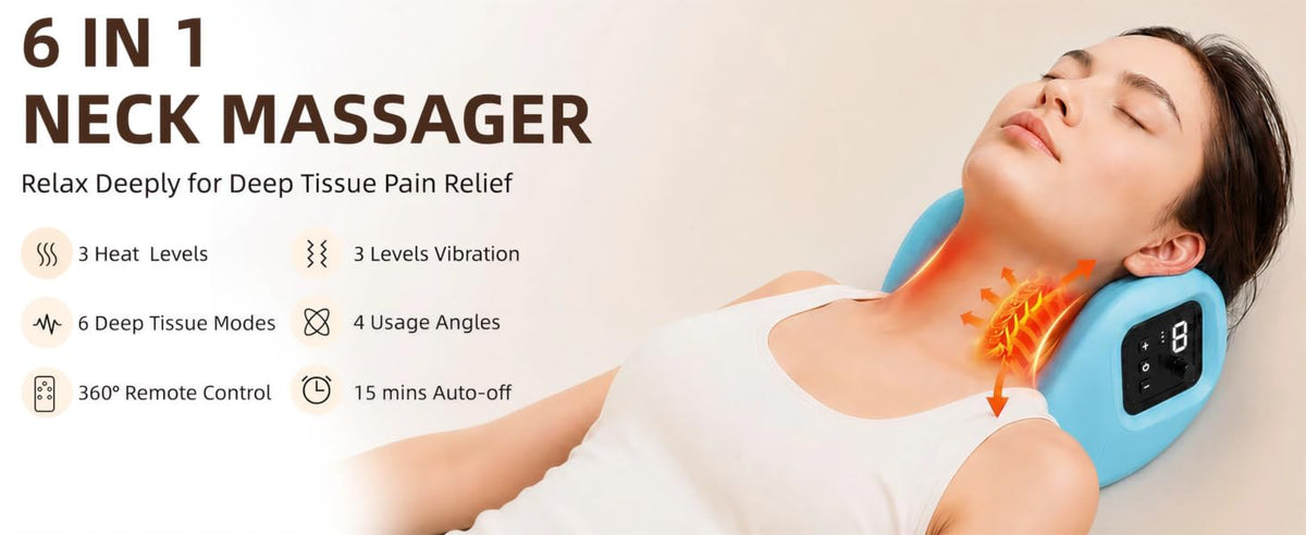 Neck Massager, 6 in 1 Cordless Portable Neck Massager Pillow | 3 Heat, 3 Vibration,15Mins Auto-off Fastening Belt,4 Ergonomic Angles, Neck Massager for Home, Office, Car, Travel